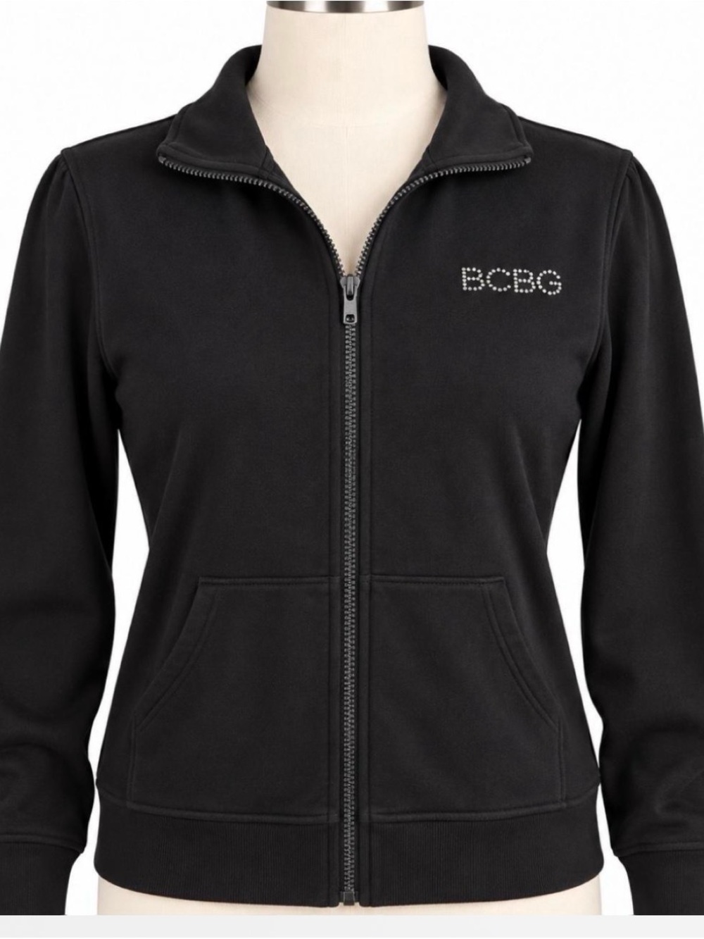 BCBG Black Rhinestone-Logo Zip Bomber Jacket